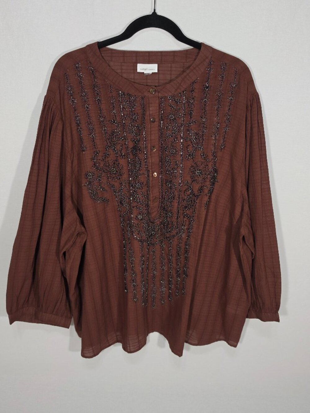 J. JILL Brown PURE Cotton Embroider-Bead Balloon-Sleeve Tunic Blouse PLUS Sz. 4X